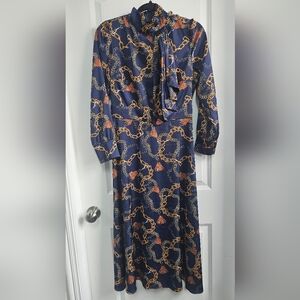 Alexia Admor Blue and Gold Sheath Dress with Cowl Neck and Bishop Sleeves